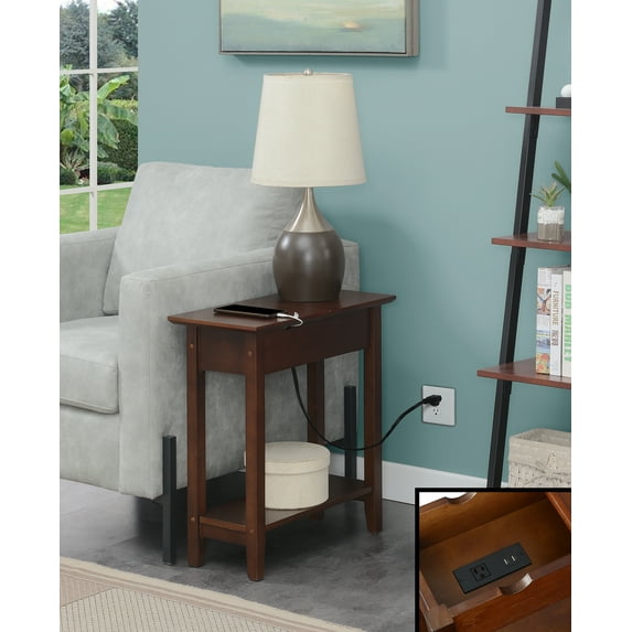 Convenience Concepts American Heritage Flip Top End Table with Charging Station and Shelf, Espresso