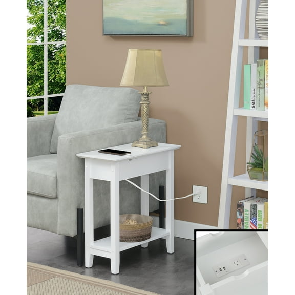Convenience Concepts American Heritage Flip Top End Table with Charging Station and Shelf, White