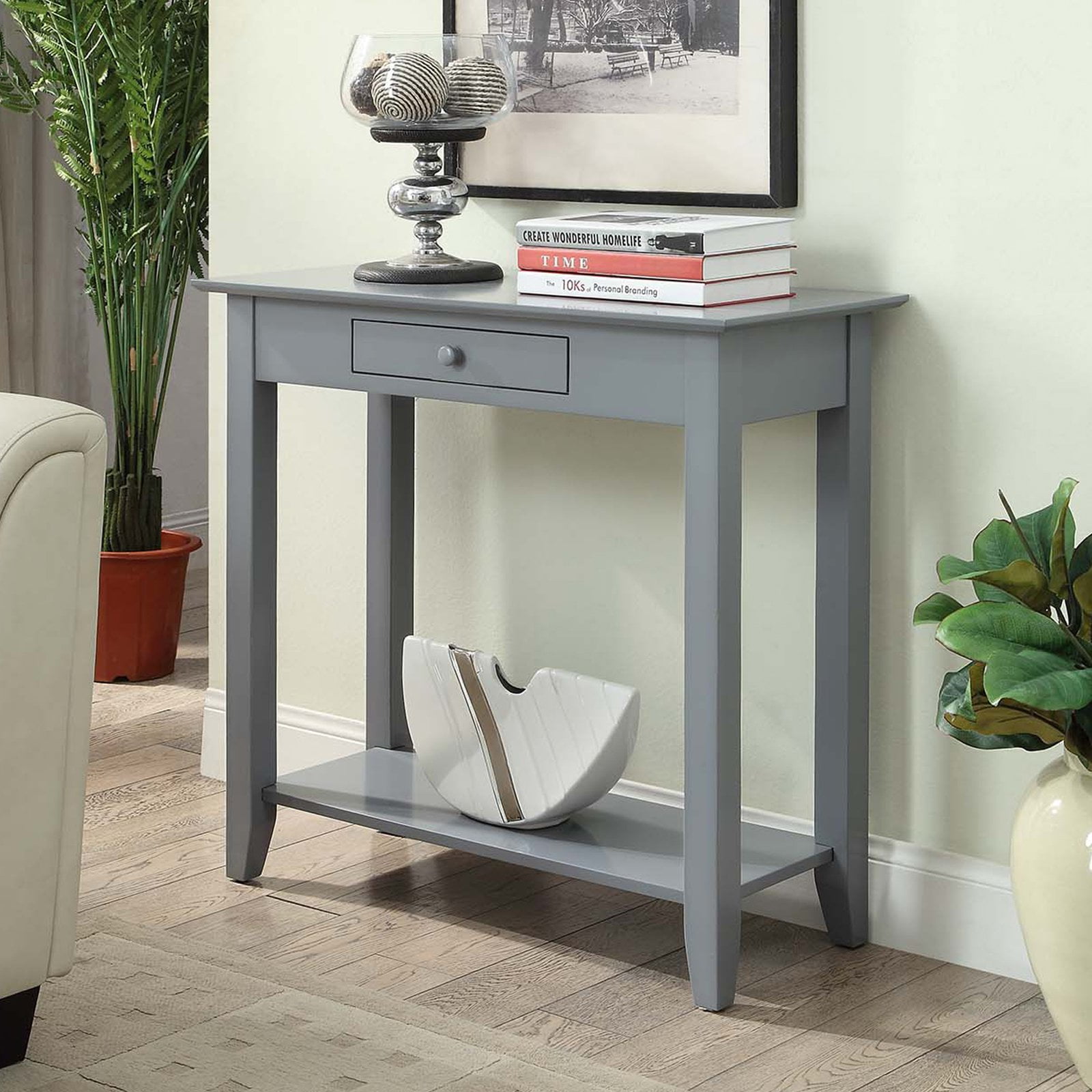Gray Wood Hall Table with Drawer and Shelf