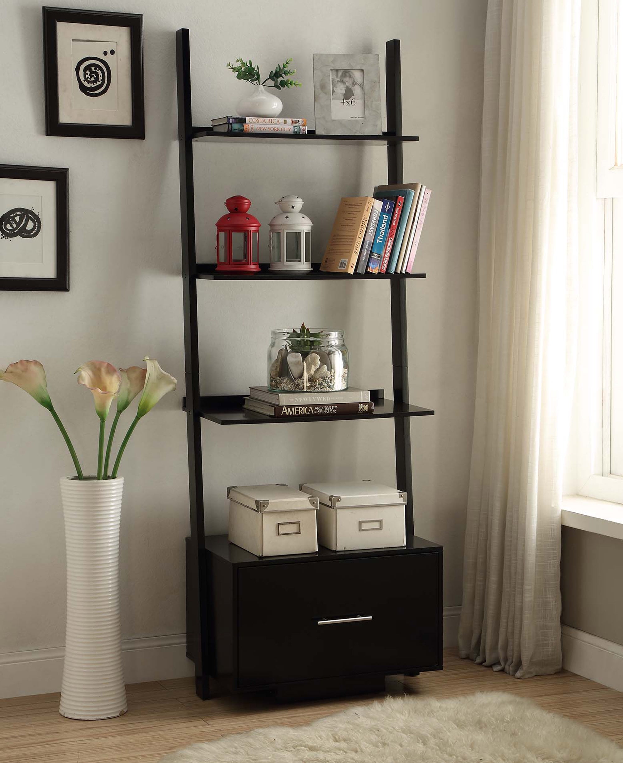 Convenience Concepts American Heritage Ladder Bookcase with File Drawer Black