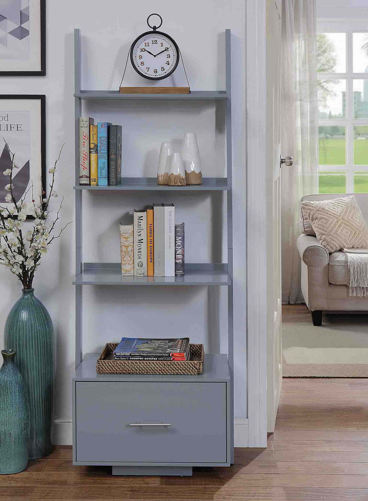 American Heritage 69'' Gray Ladder Bookcase with File Drawer