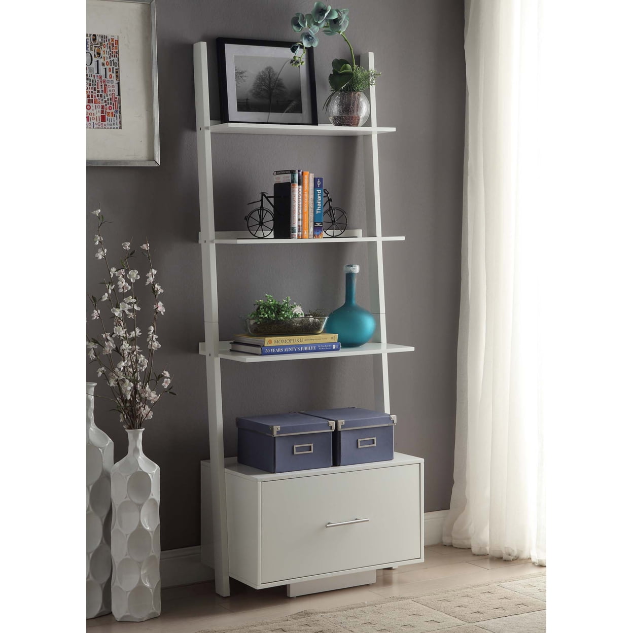 Heritage White Ladder Bookcase with Concealed File Drawer