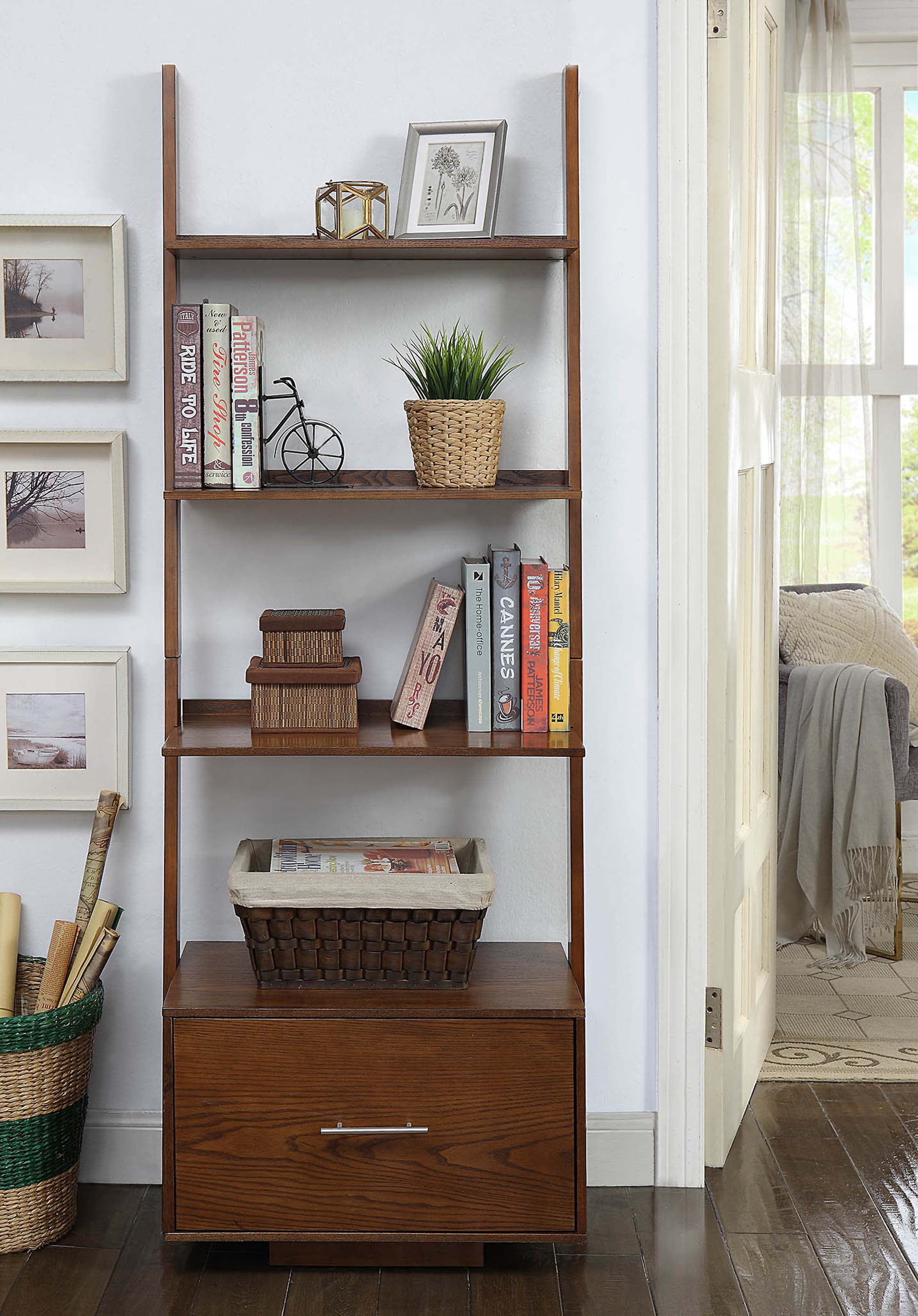 Heritage Dark Walnut Wooden Ladder Bookcase with File Storage