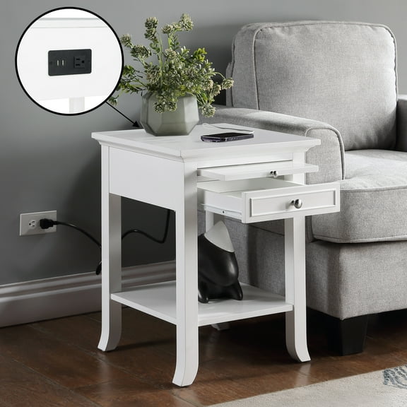 Convenience Concepts American Heritage Logan 24.25 in. End Table with Charging Station and Shelf in White
