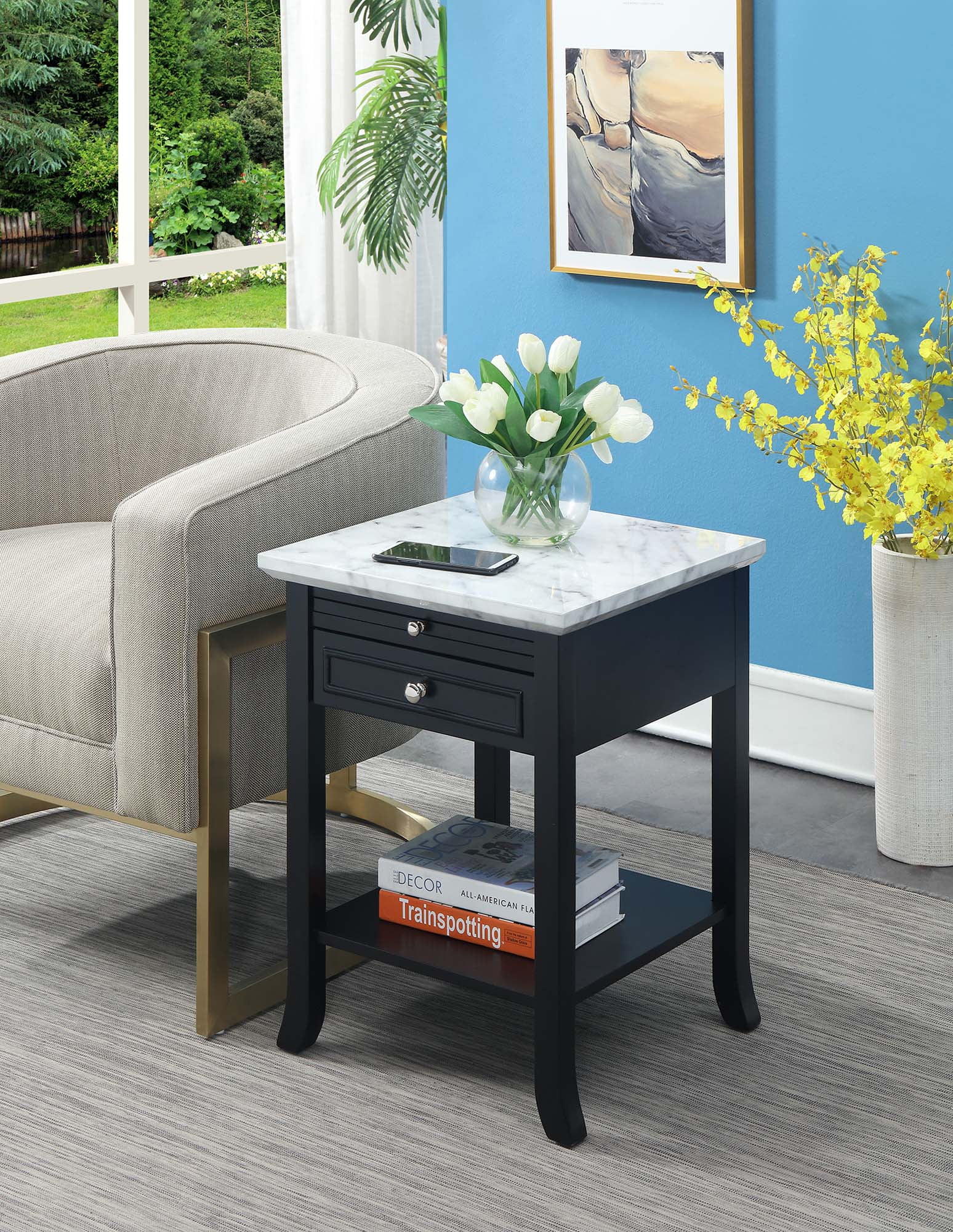 White Faux Marble and Black Wood End Table with Storage