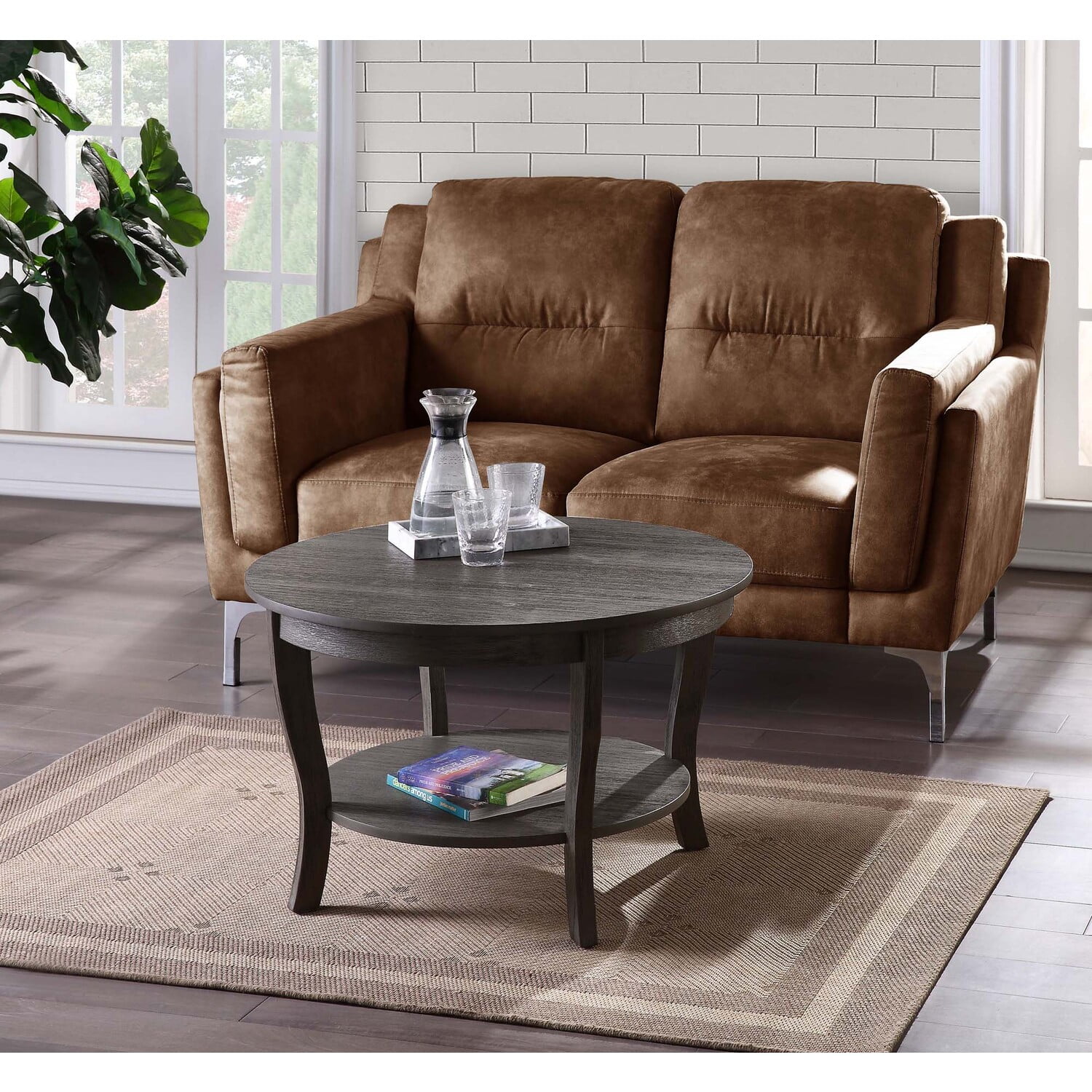 Dark Gray Round Wood Coffee Table with Shelf
