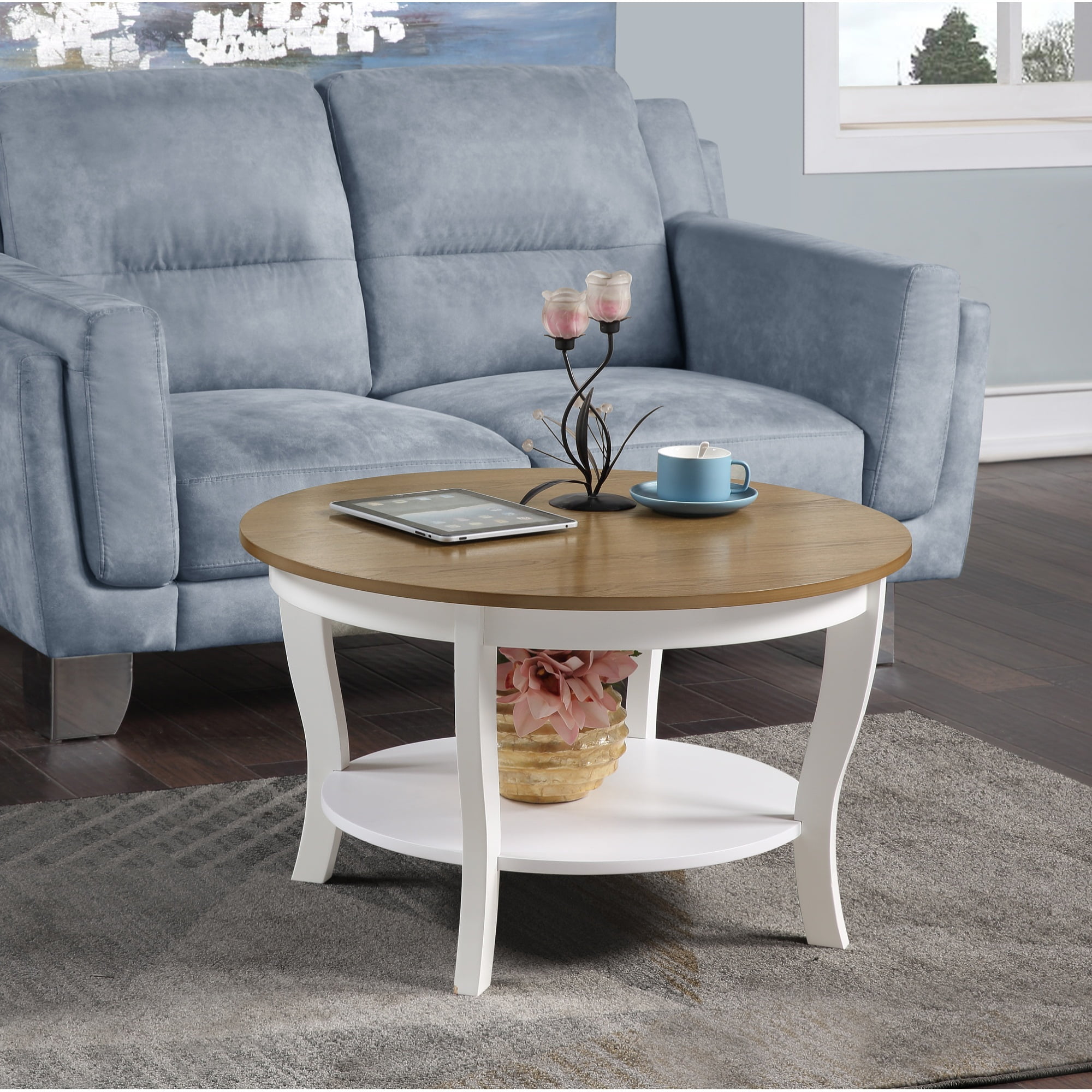 Convenience Concepts American Heritage Round Coffee Table with Shelf Driftwood White