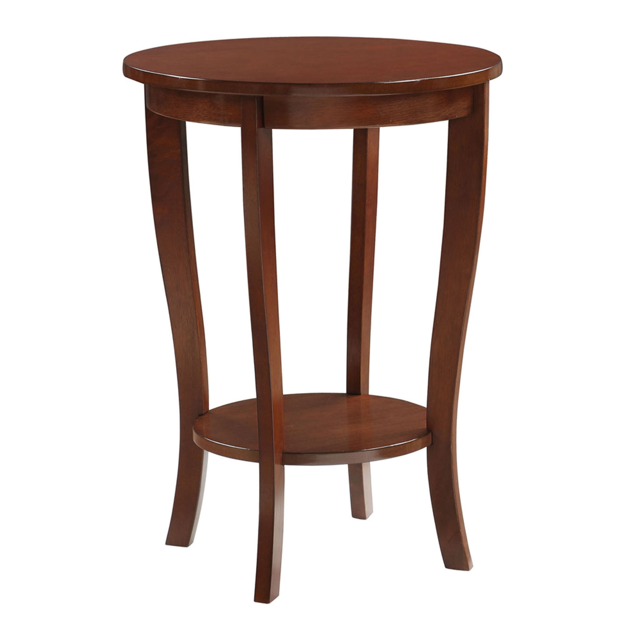 Espresso Round Wood End Table with Lower Shelf and Curved Legs