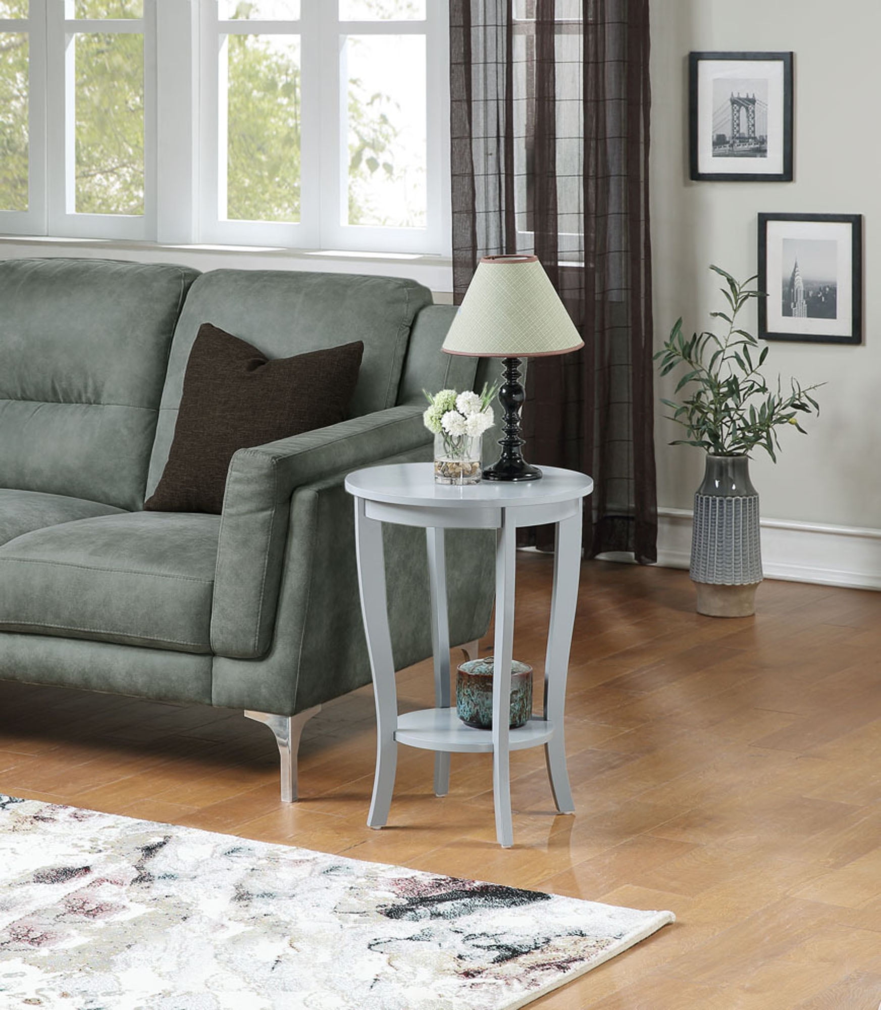Gray Round Wood End Table with Shelf