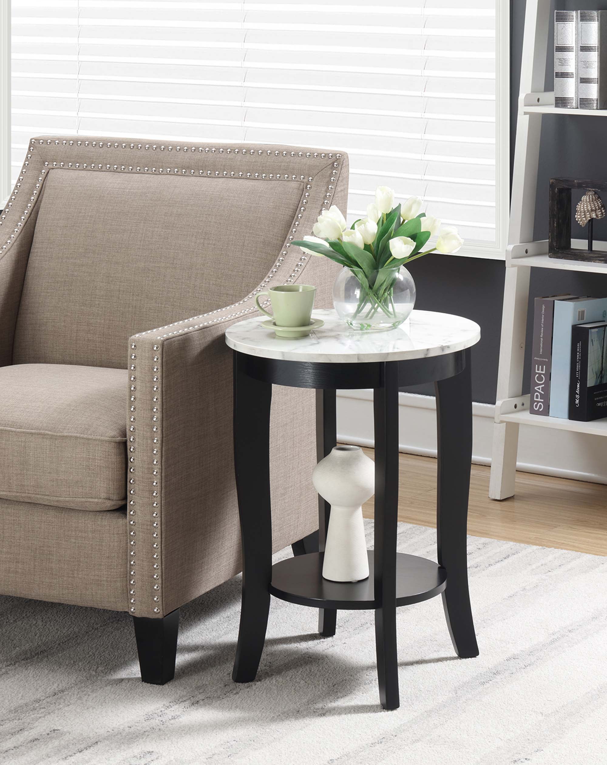 Convenience Concepts American Heritage Round End Table with Shelf, White  Faux Marble/Black