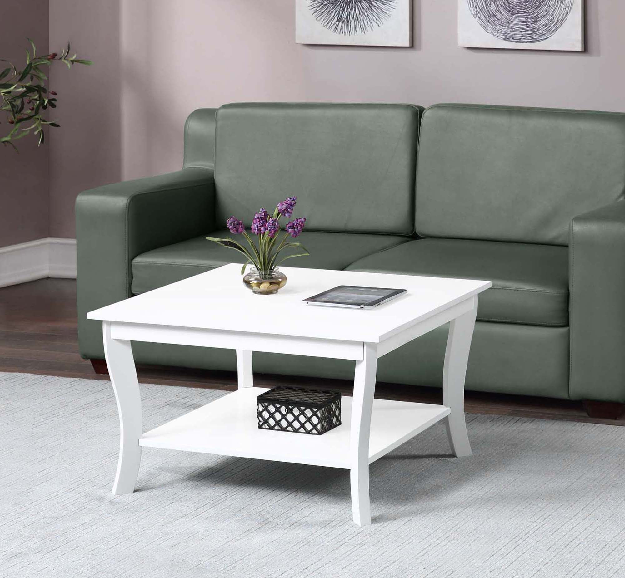 White Square Wood Coffee Table with Bottom Shelf