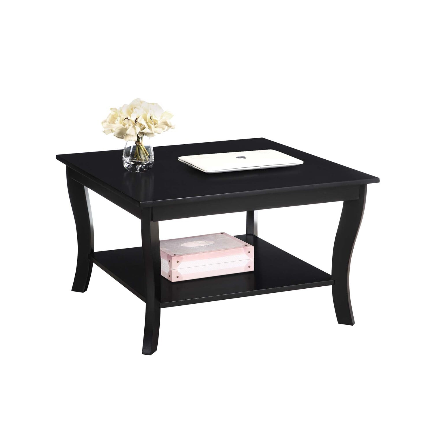 Black Square Rubberwood Veneer Coffee Table with Shelf