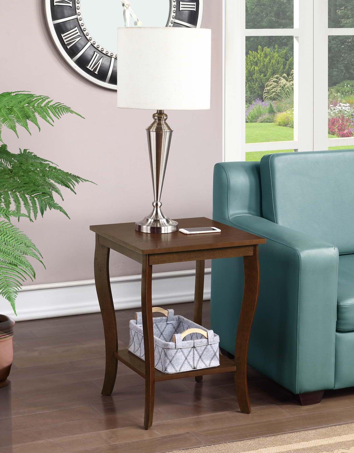 Espresso Brown Wood and Metal Square End Table with Shelf
