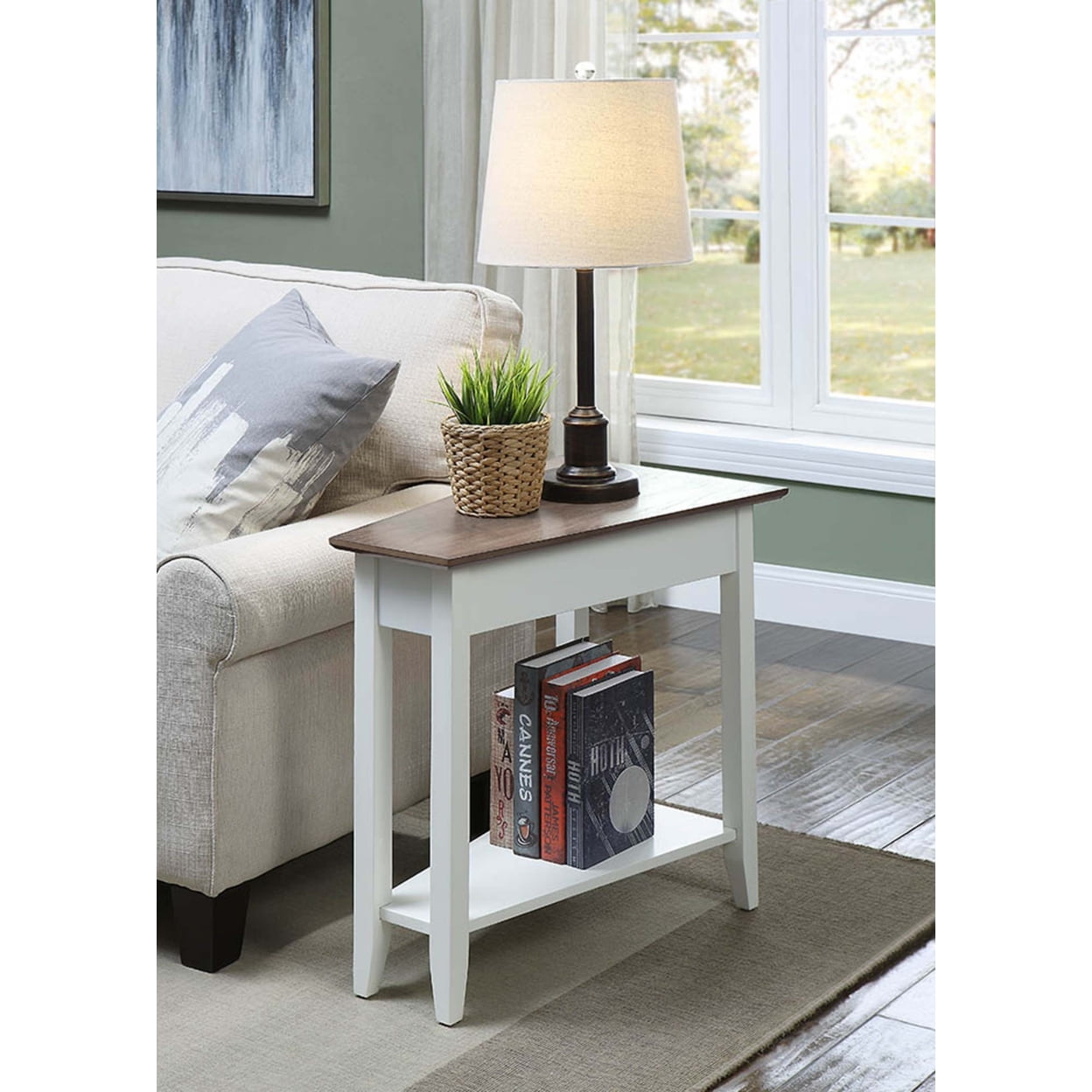 White and Driftwood Triangular Wood End Table with Shelf