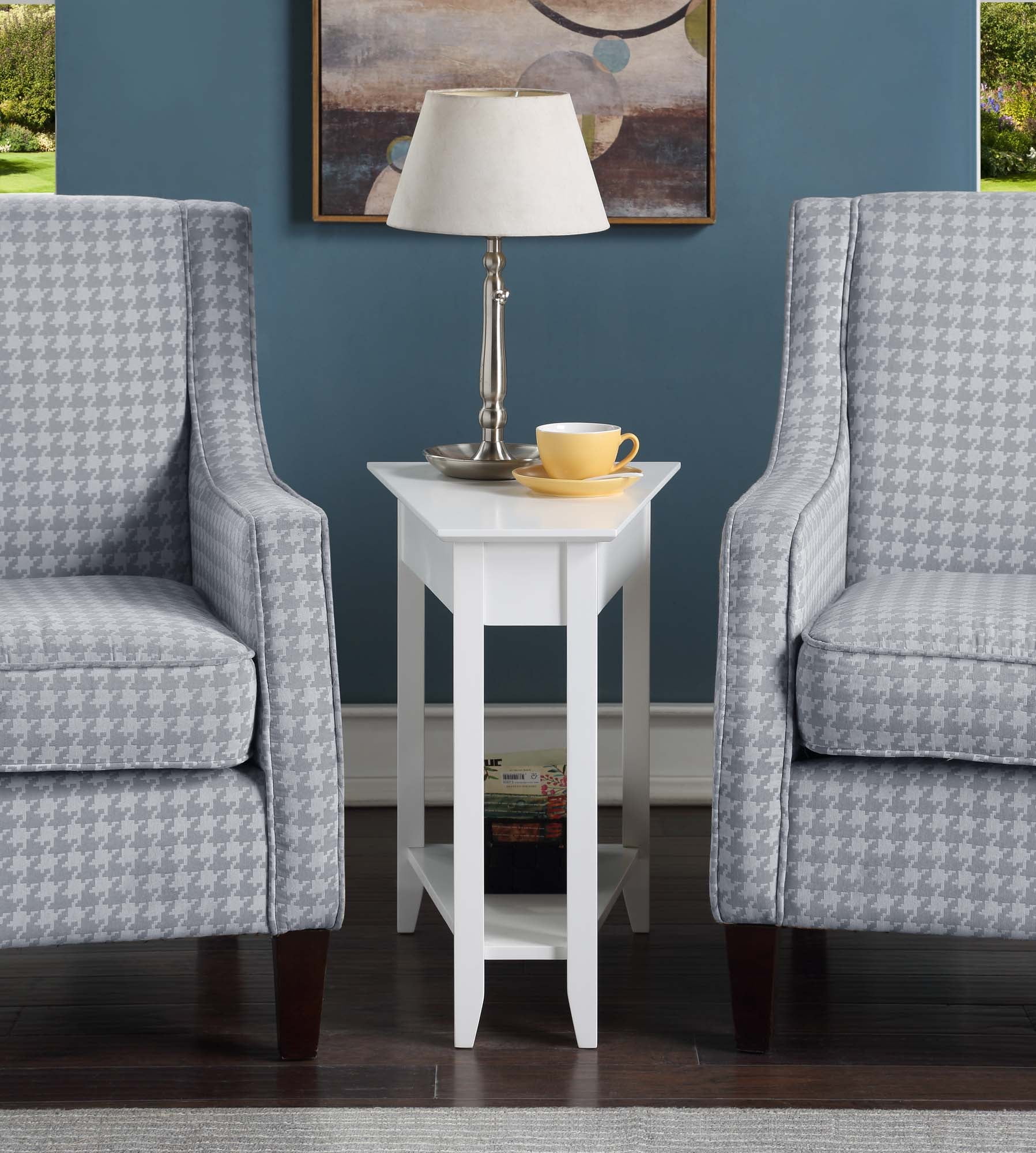 White Triangular Wood Wedge End Table with Shelf