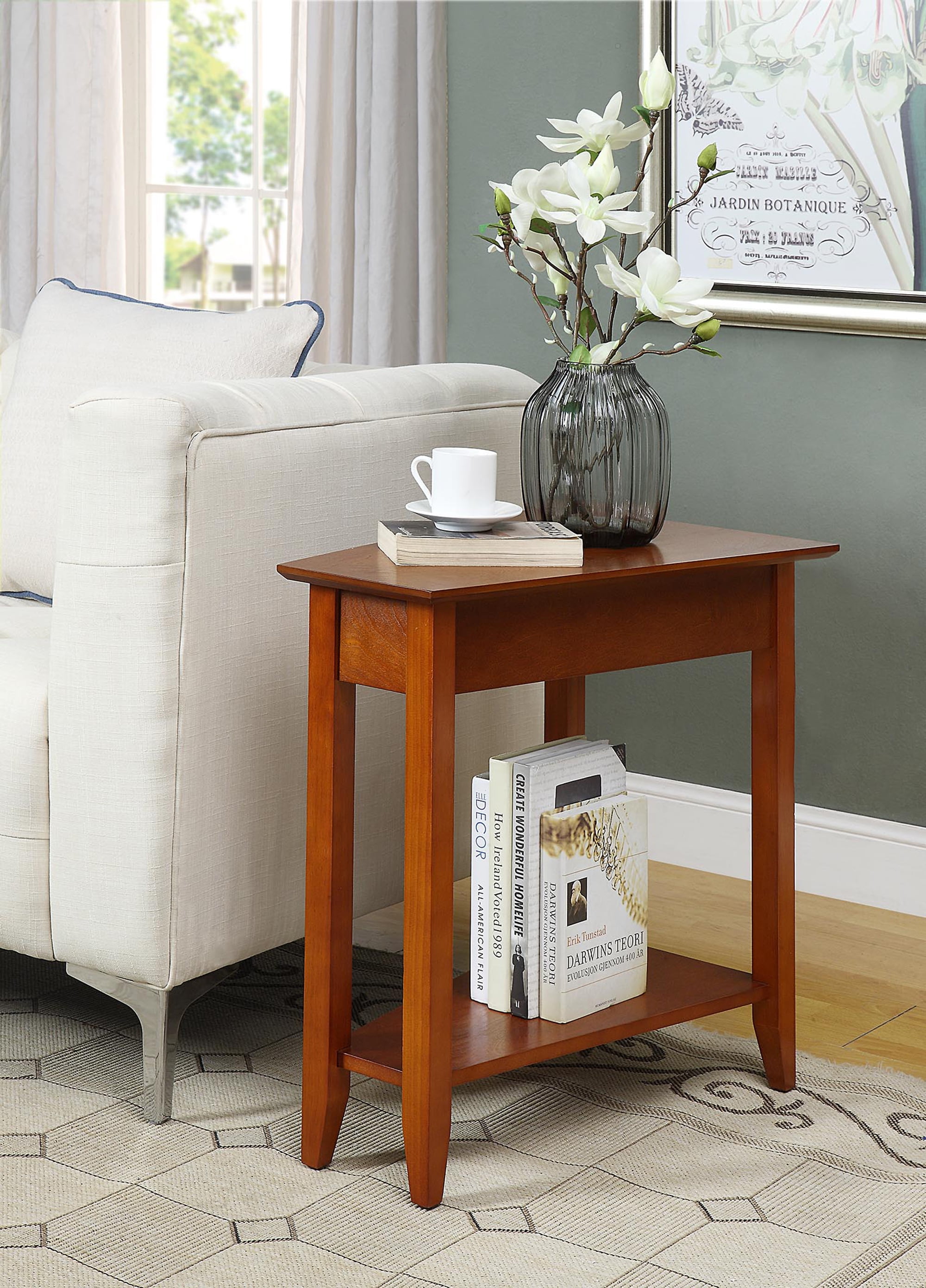 Triangular Cherry Wood and Metal Wedge End Table with Shelf