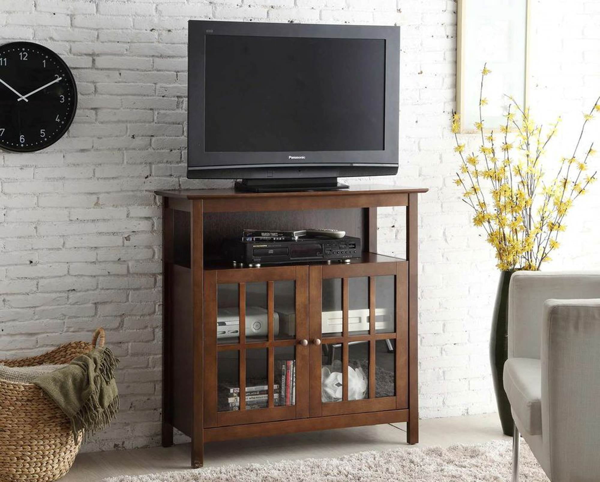 Espresso Solid Pine and Birch Veneer Highboy TV Stand with Cabinets