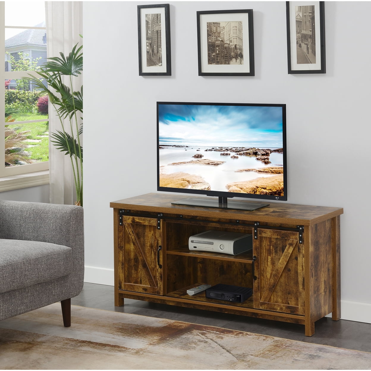 Convenience Concepts Blake Barn Door TV Stand with Shelves and Sliding