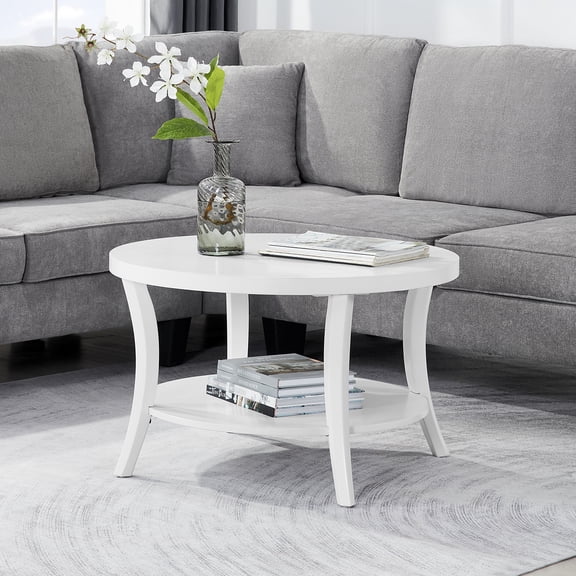 Convenience Concepts Charleston Round Coffee Table with Shelf in White Wood