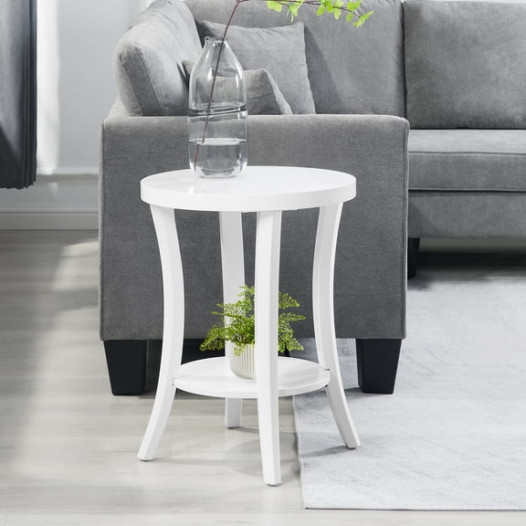 Convenience Concepts Charleston Round End Table with Shelf in White Wood Finish