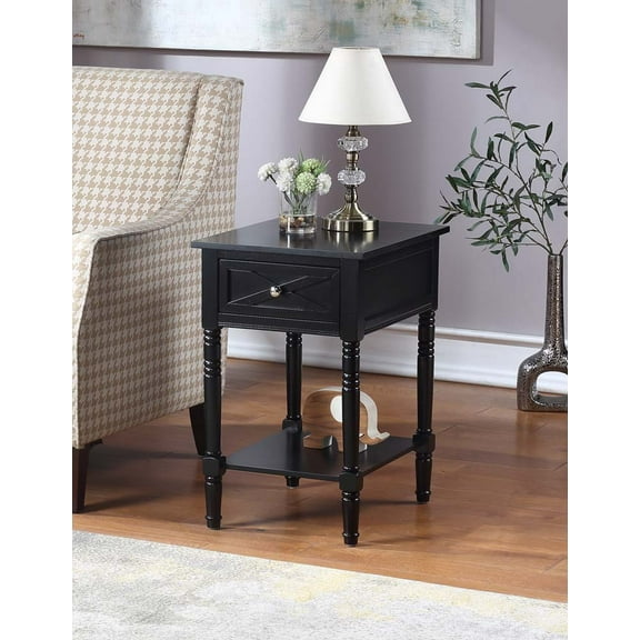 Convenience Concepts Country Oxford 1 Drawer End Table with Charging Station and Shelf, Black
