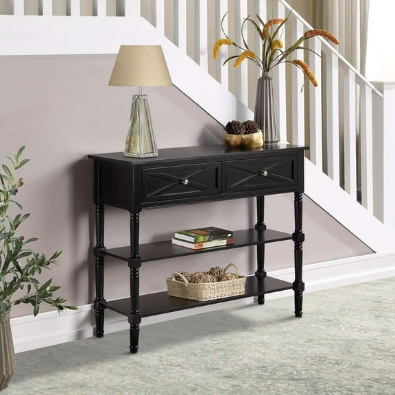 Convenience Concepts Country Oxford 2 Drawer Console Table with Shelves, Black