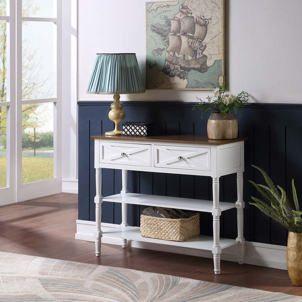 Convenience Concepts Country Oxford 2 Drawer Console Table with Shelves Driftwood White