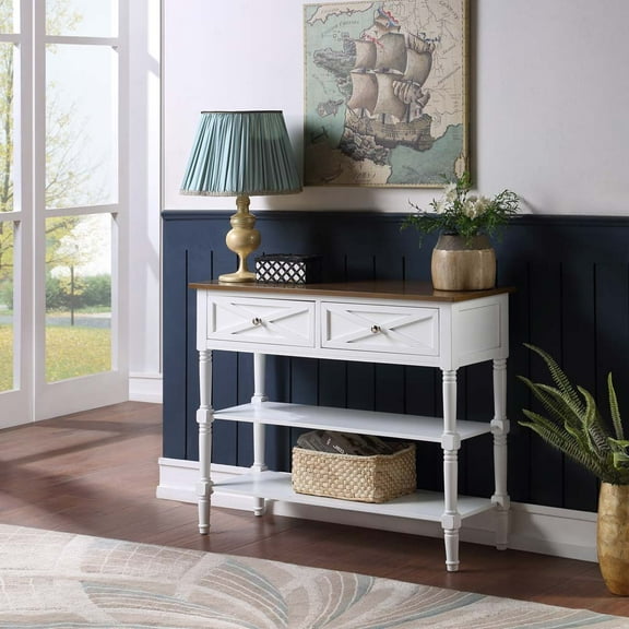 Convenience Concepts Country Oxford 2 Drawer Console Table with Shelves, Driftwood/White