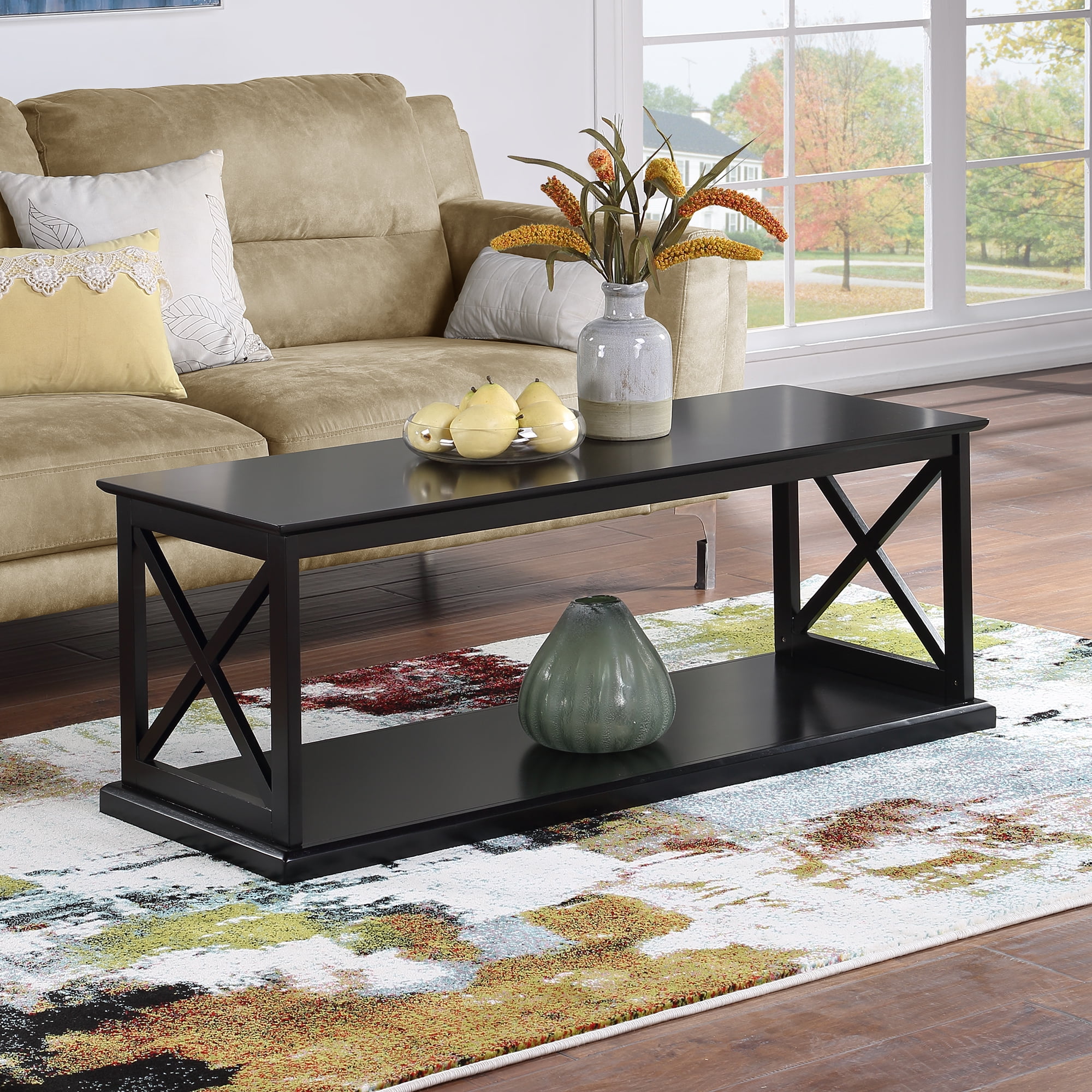 Black Rectangular Wood Coffee Table with Shelf