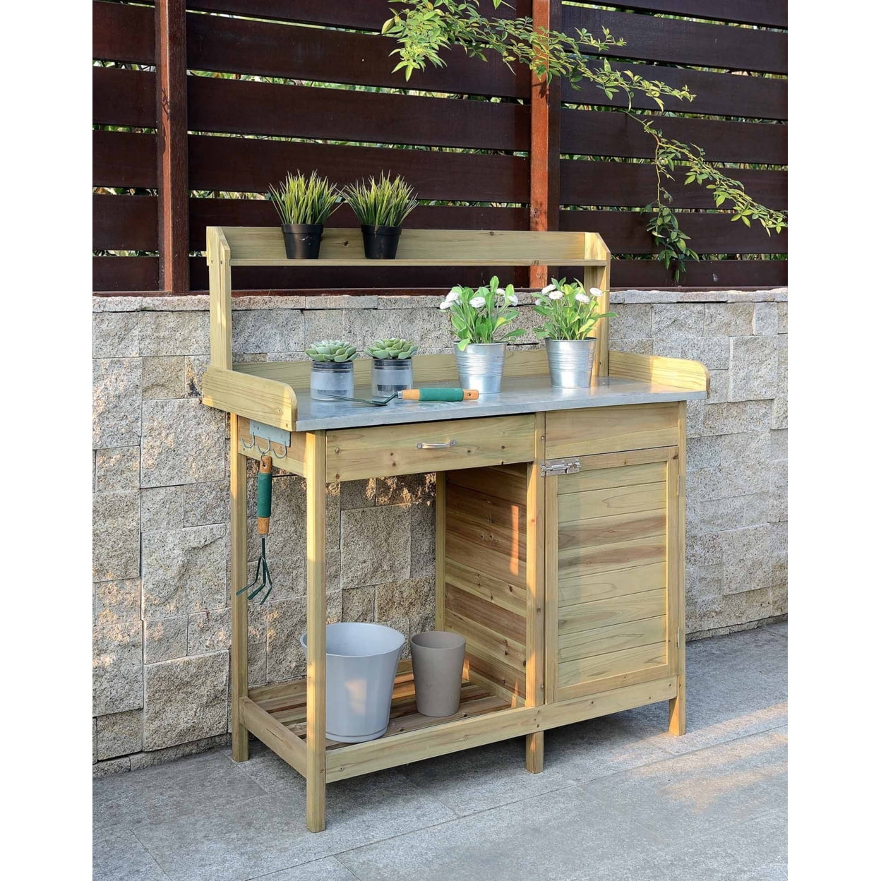 Deluxe Natural Fir Potting Bench with Cabinet and Hooks