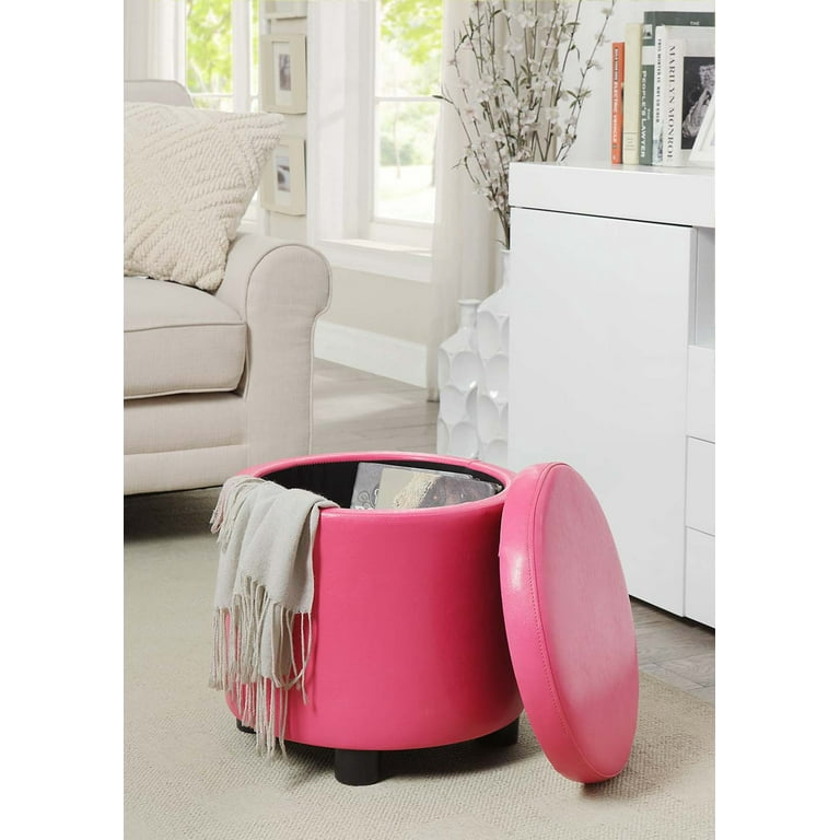 Convenience Concepts Design4Comfort Round Accent Storage Ottoman with Reversible Tray Lid Pink Faux Leather