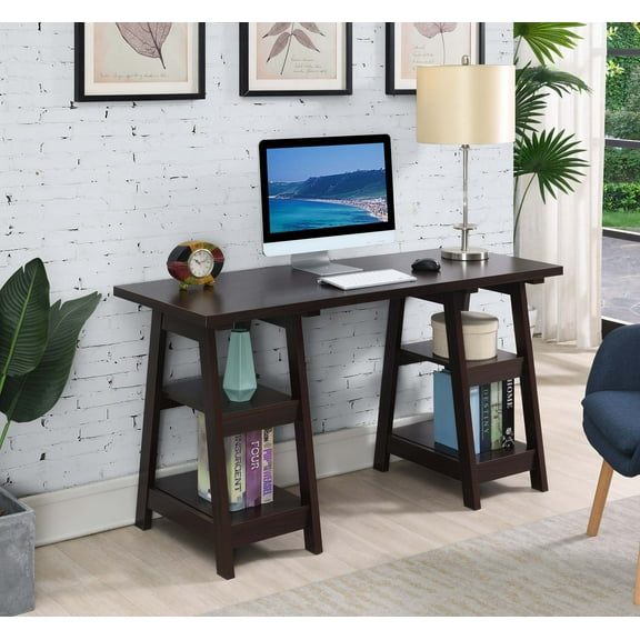 Convenience Concepts Designs2Go 29.25" Tall Double Trestle Desk with Shelves, Espresso, All Ages