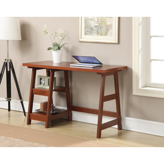 Convenience Concepts Designs2Go 29.25" Tall Trestle Desk with Shelves, Cherry