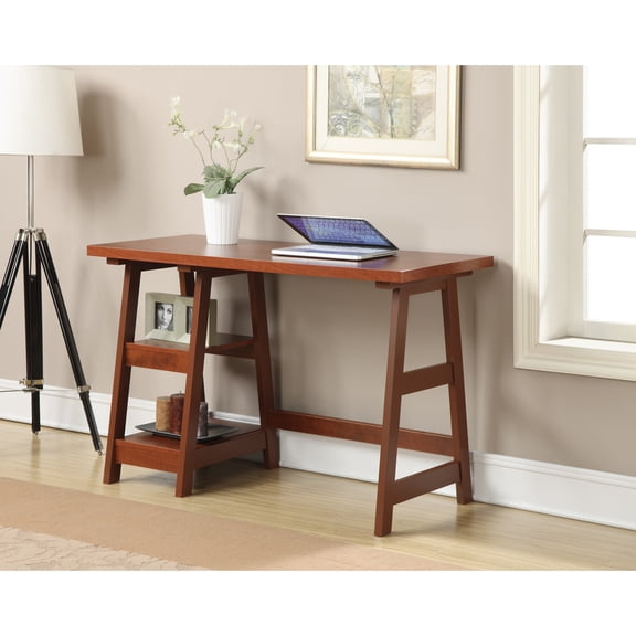 Convenience Concepts Designs2Go 29.25" Tall Trestle Desk with Shelves, Cherry
