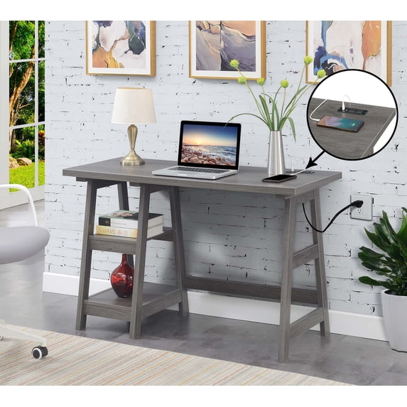Convenience Concepts Designs2Go 29.25" Trestle Desk with Charging Station, Charcoal Gray, All Ages