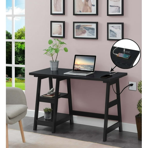 Convenience Concepts Designs2Go 29.25" Trestle Desk with Charging Station & Shelves, Black, All Ages