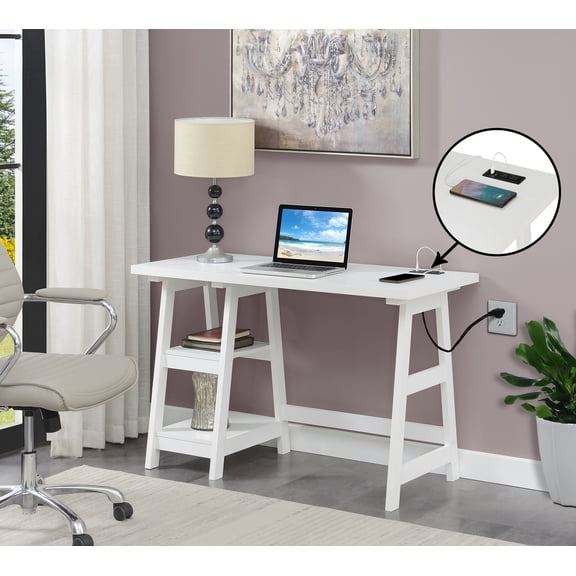 Convenience Concepts Designs2Go 29.25" Trestle Desk with Charging Station & Shelves, White, All Ages