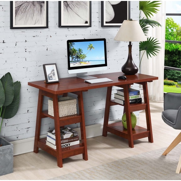Convenience Concepts Designs2Go 29.25 inches Tall Double Trestle Desk with Shelves, Cherry, All Ages
