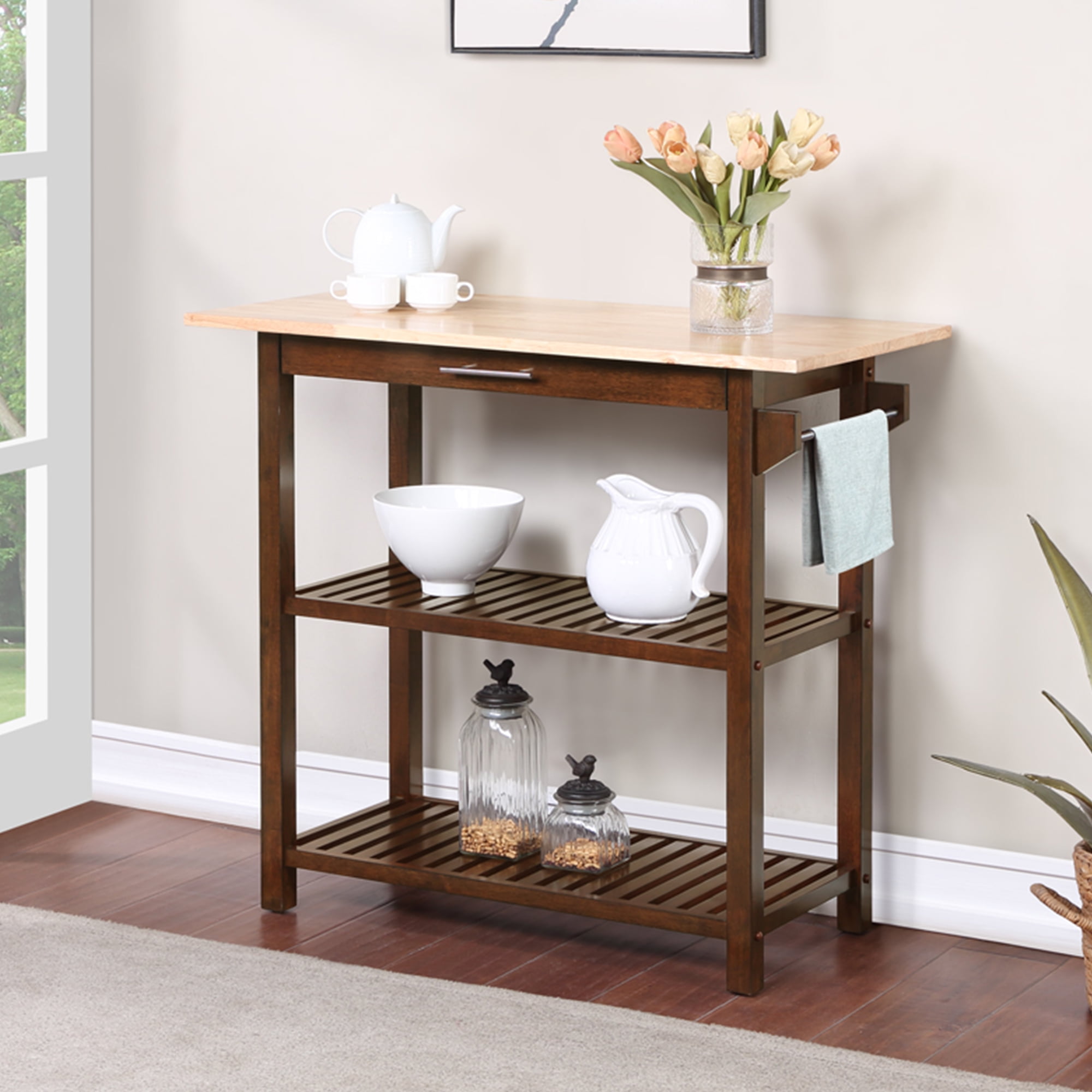Espresso Solid Wood 3-Tier Butcher Block Kitchen Island with Storage