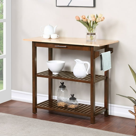 Convenience Concepts Designs2Go 3 Tier Butcher Block Kitchen Prep Island with Drawer, Espresso/Butcher Block