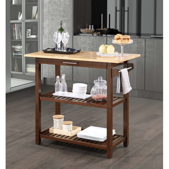 Convenience Concepts Designs2Go 3 Tier Butcher Block Kitchen Prep Island with Drawer, Mahogany/Butcher Block