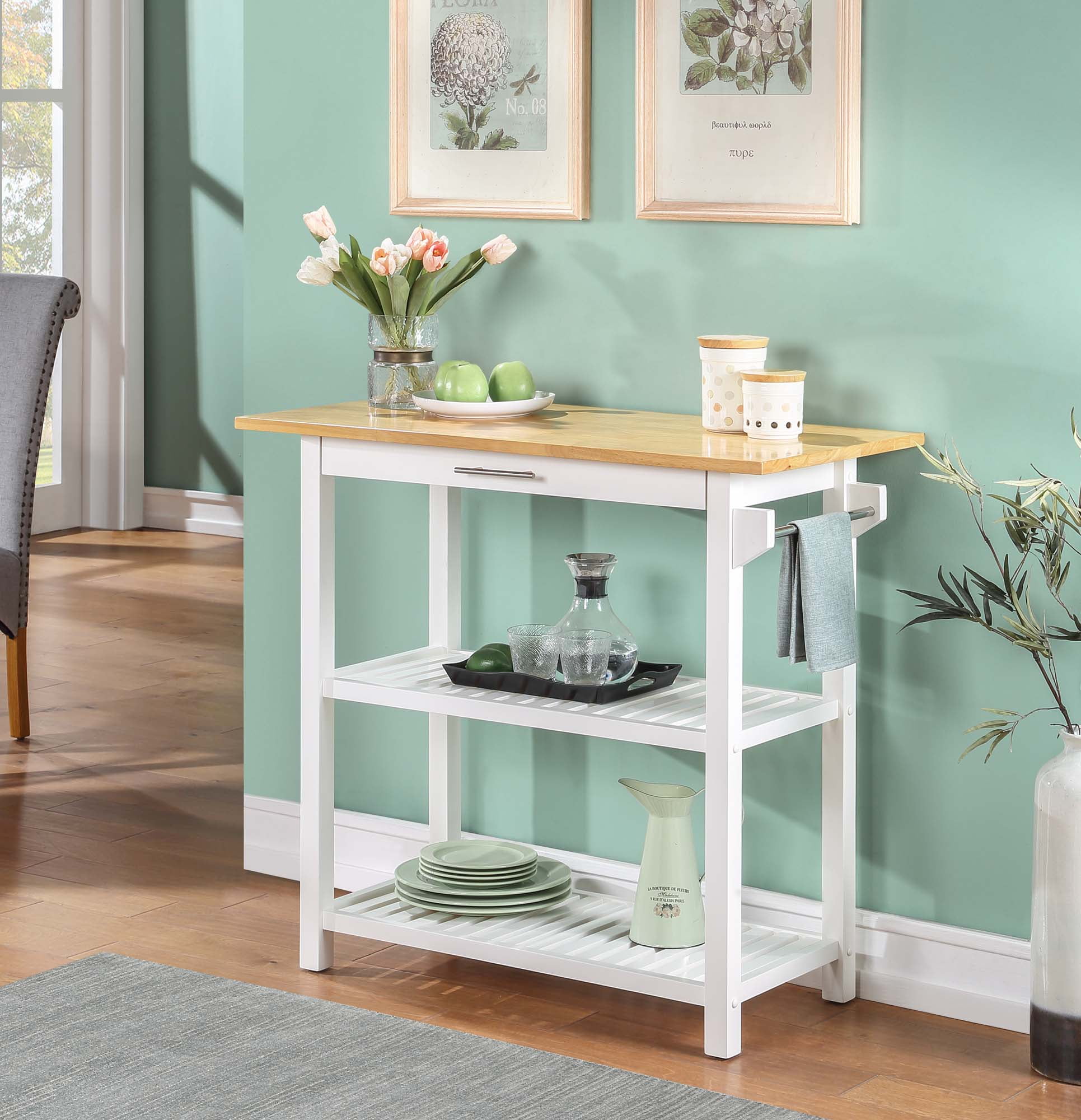 Convenience Concepts Designs2Go 3 Tier Butcher Block Kitchen Prep Island with Drawer, White/Butcher Block
