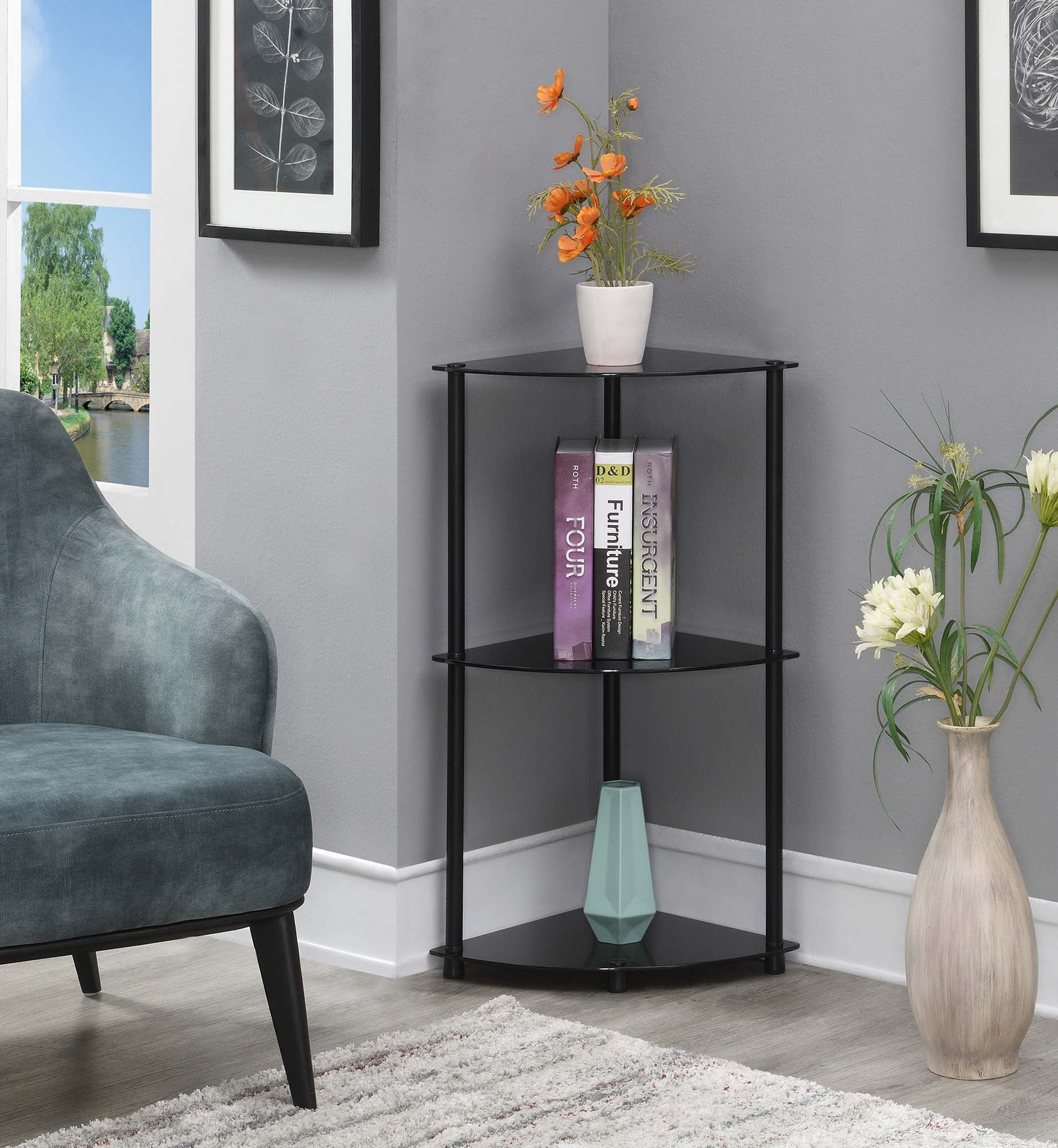Convenience Concepts Designs2Go Classic Glass 3 Tier Corner Shelf ...