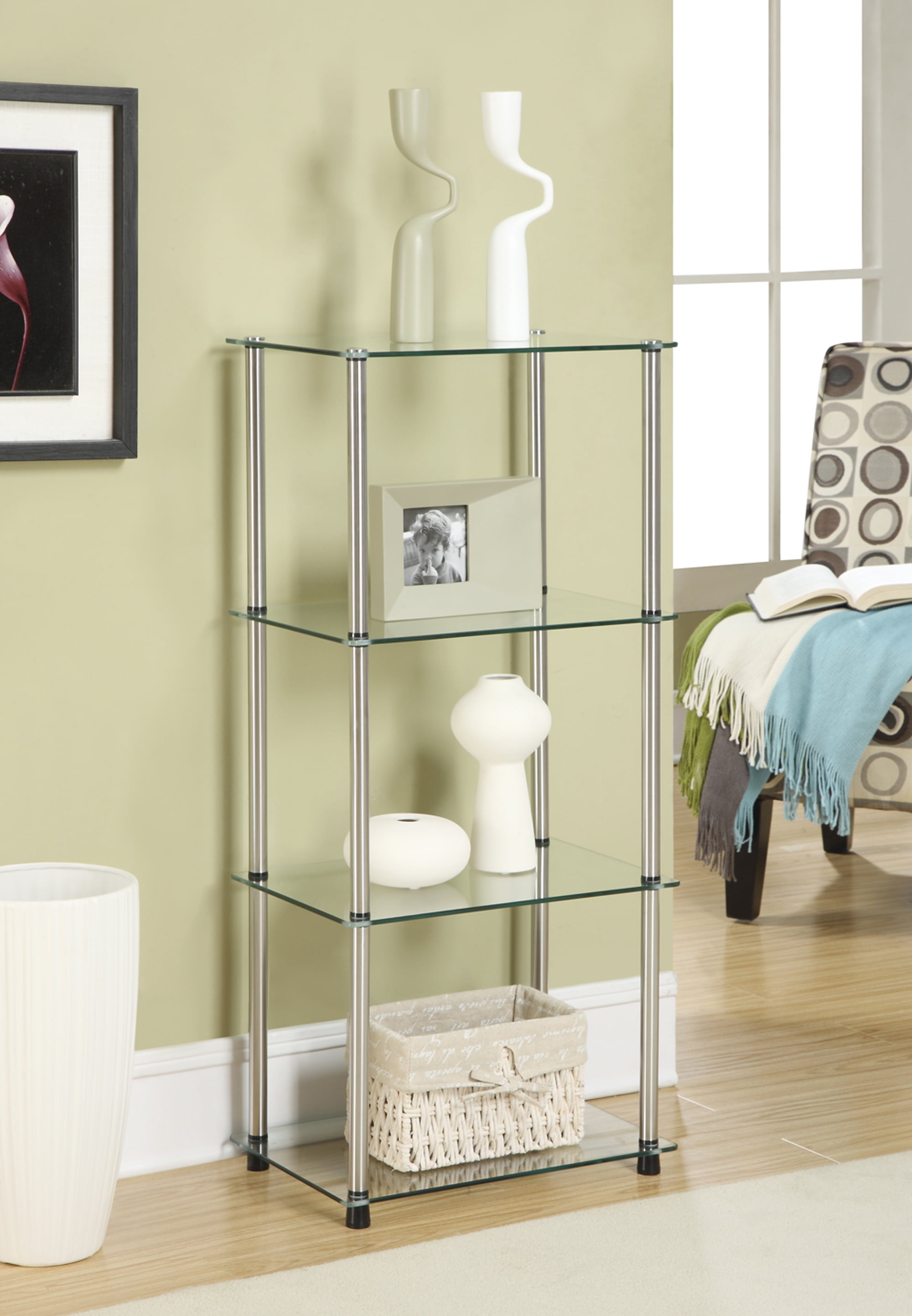 Elegant 18" Clear Tempered Glass 4-Tier Bookshelf with Stainless Legs