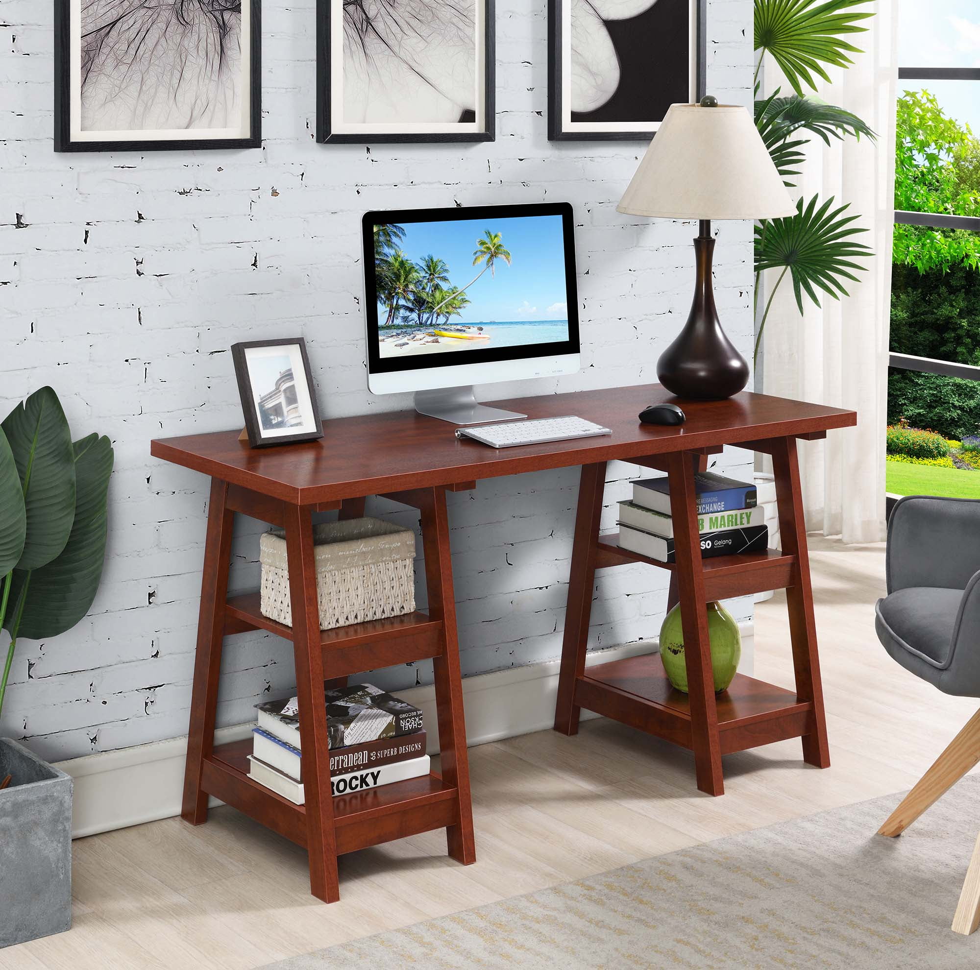 Convenience Concepts Designs2Go Double Trestle Desk with Shelves Cherry