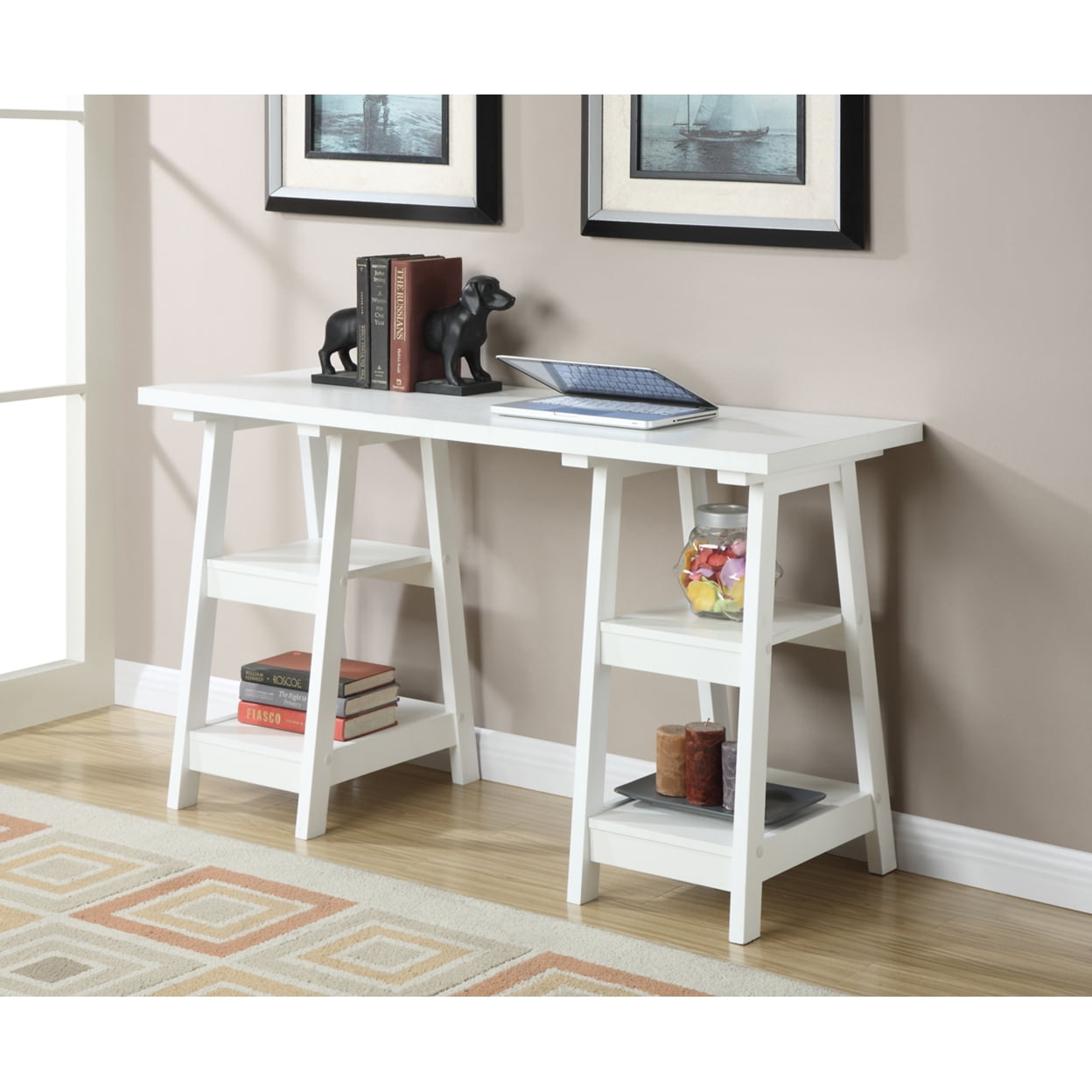 Elegant White Trestle Desk with Spacious Shelves and Ample Surface