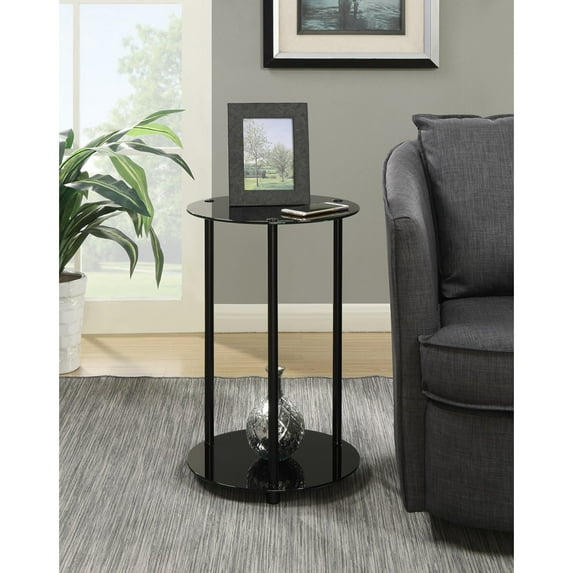 Convenience Concepts Designs2Go No Tools 2 Tier Round End Table, Black Glass