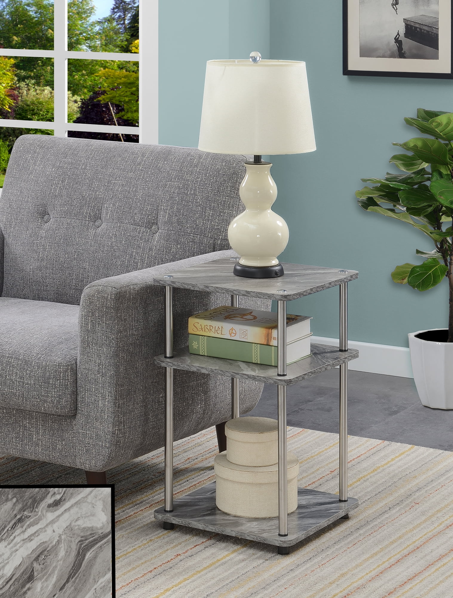 Contemporary Faux Gray Marble 3-Tier End Table with Chrome Legs
