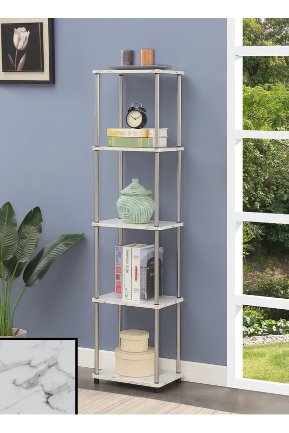 Designs2Go No Tools 5 Tier Tower, White Faux Marble/Chrome