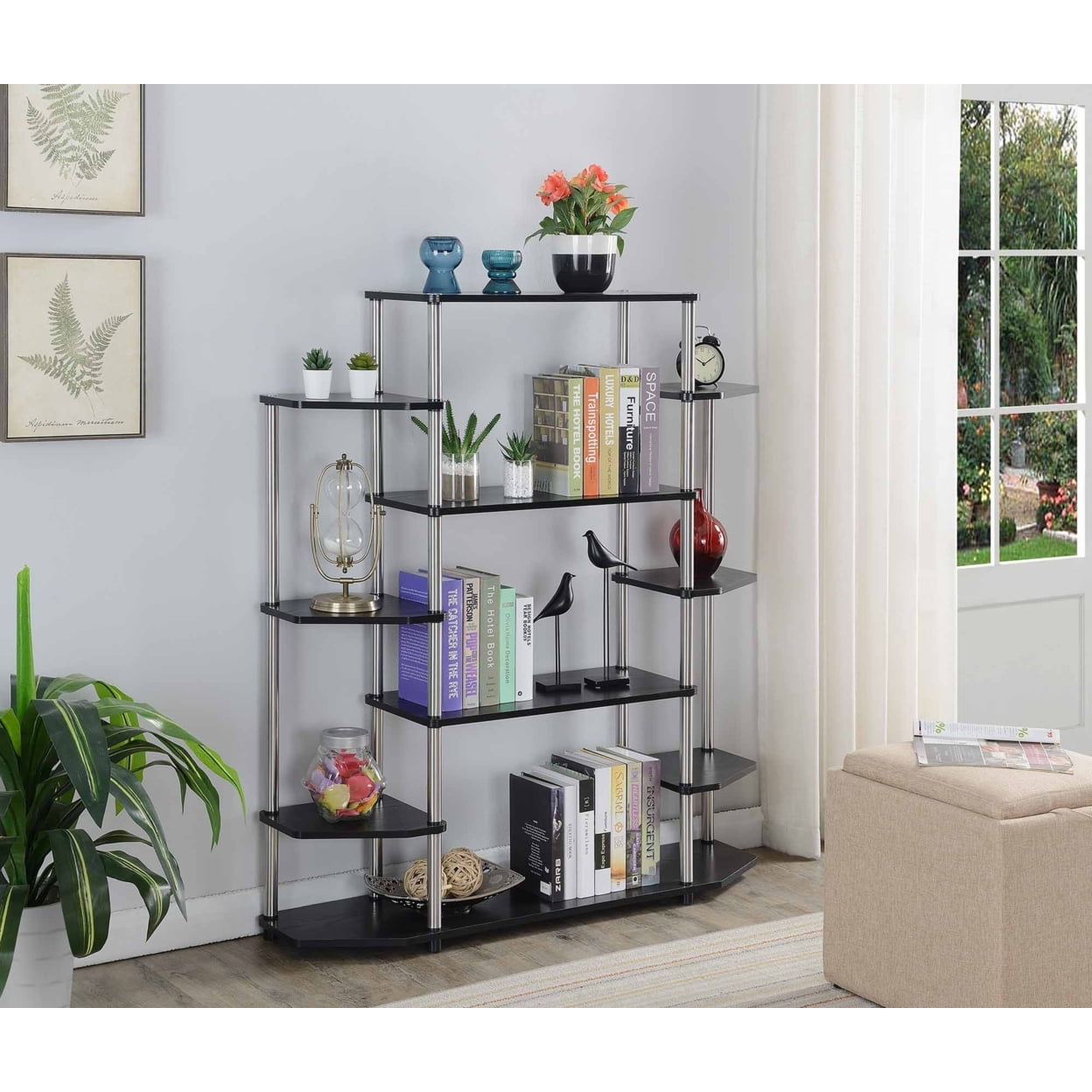Black Wood and Stainless Steel 10-Shelf Wall Unit